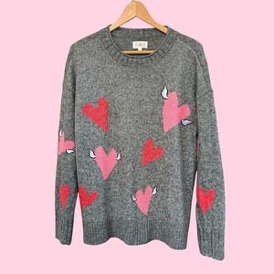 Wms Soft Fun Lou & Grey (LOFT) Gray Crew Sweater with Pink/Red Flying Hearts L